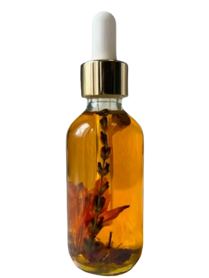 Unlabelled Luster Botanical Face and Body Oil in a clear glass dropper bottle