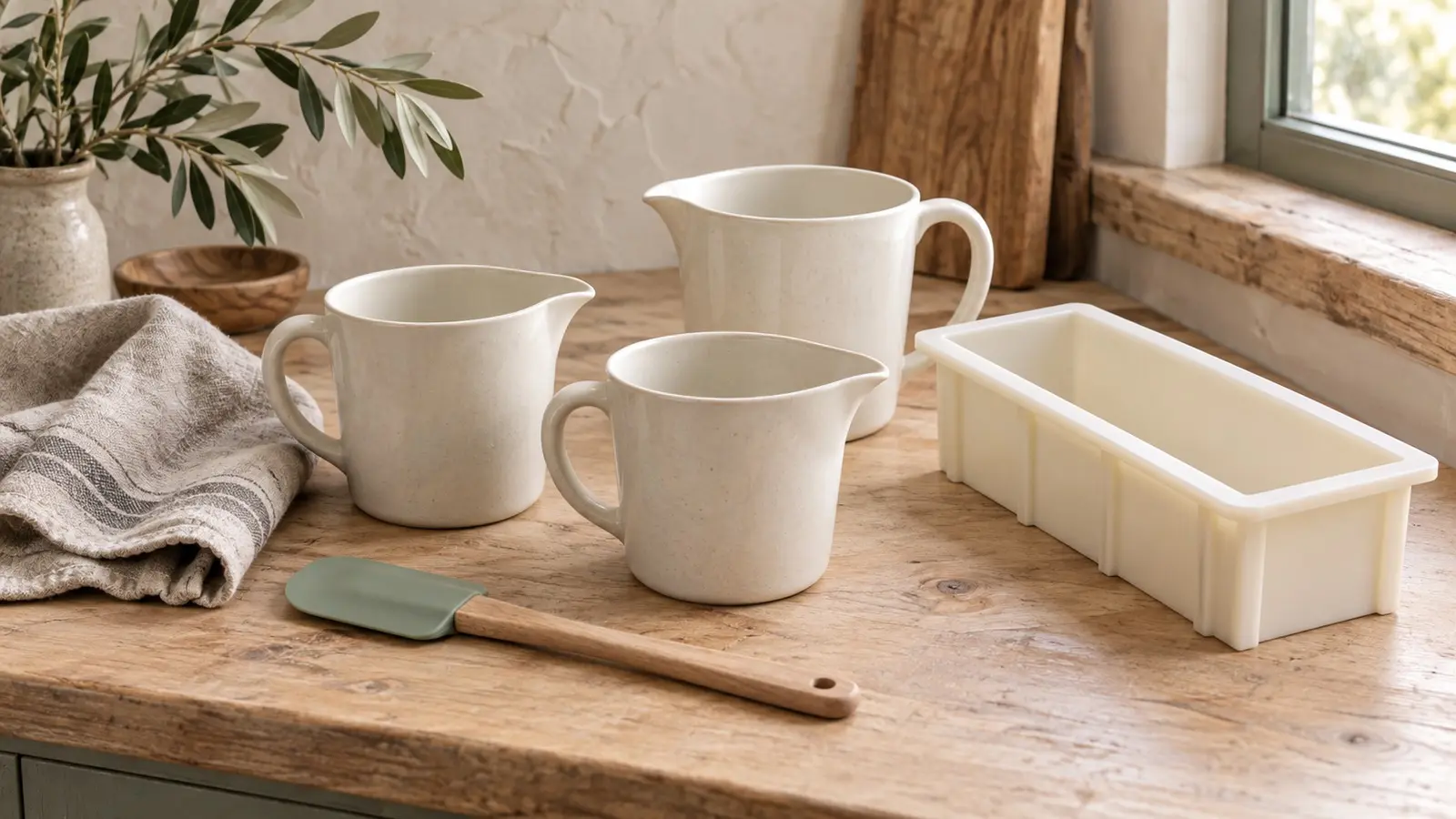 Empty pouring pitchers, a silicone mold, spatula, linen, and olive branches on a sunlit workbench