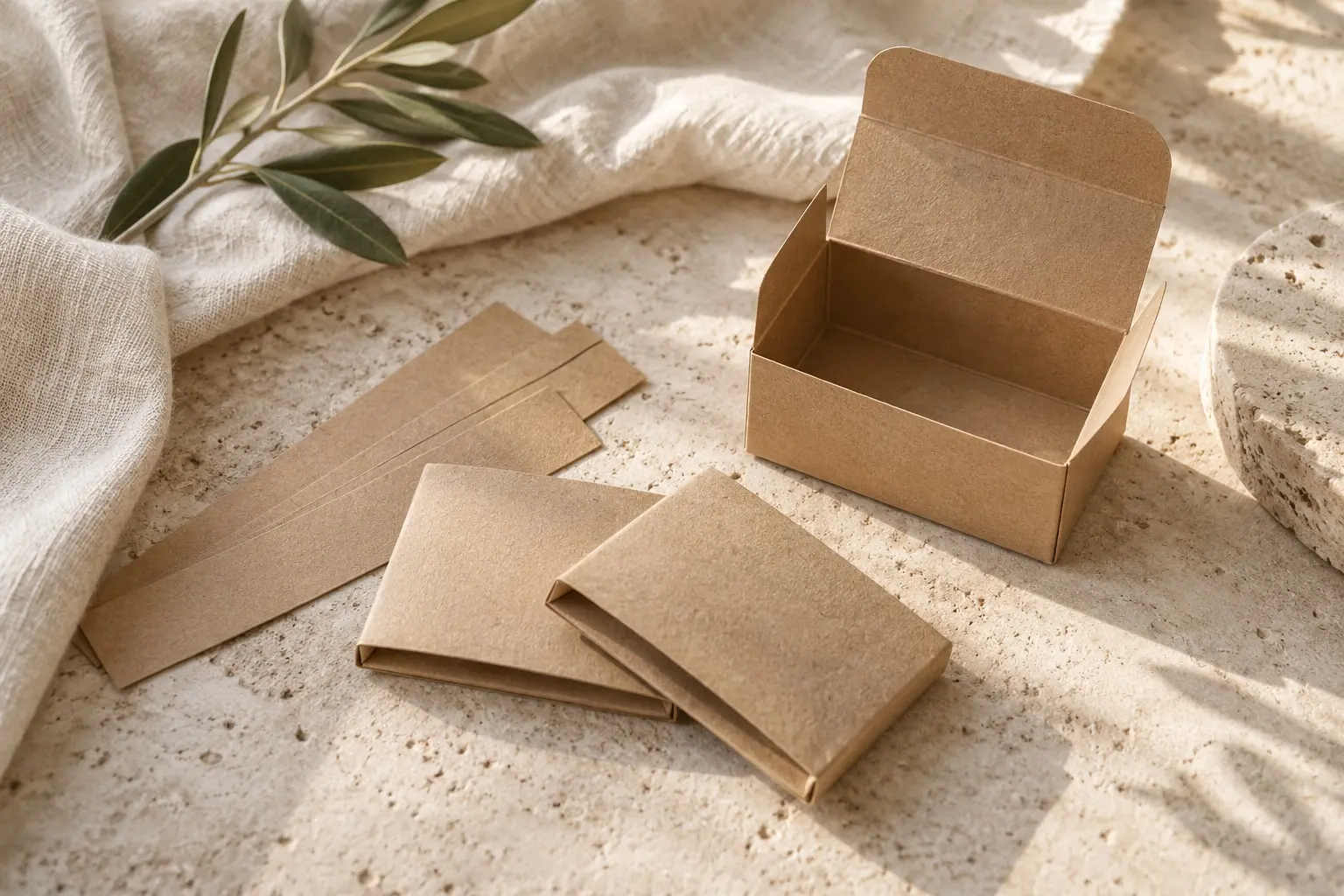Empty kraft carton, blank paper bands and folded sleeves beside linen and an olive twig