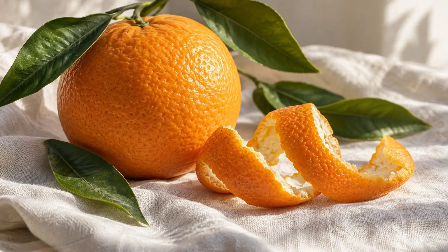 Fresh orange, curled orange peel, and green leaves on cream linen in natural window light