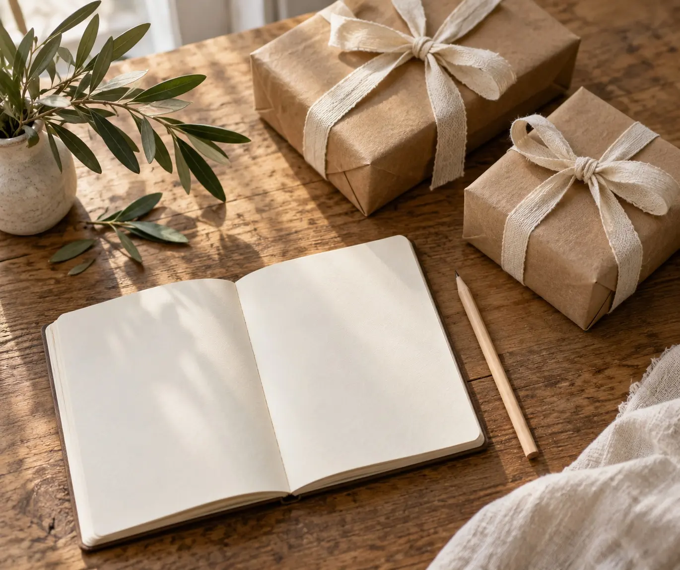 Blank notebook and pencil beside kraft-paper gifts and olive leaves on a wooden table