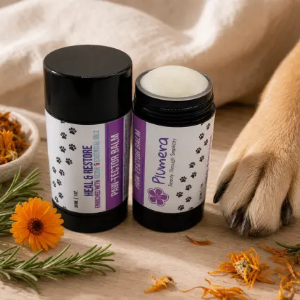 Two Plumera Paw-tector Balm one ounce containers with original labels beside a healthy dog paw
