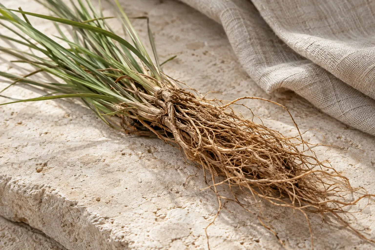 Photo-style botanical scene of vetiver roots and green grass blades on pale stone beside linen