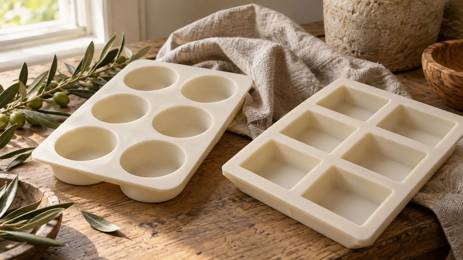 Empty round and rectangular soap molds with linen and an olive branch on a wooden workbench
