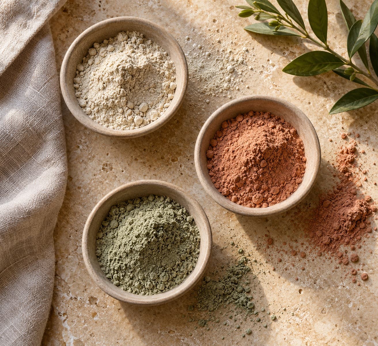 Cream, terracotta, and sage clay powders in ceramic bowls beside linen and a leafy sprig