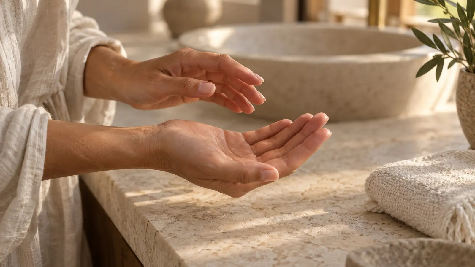 Empty hands above a limestone bathroom vanity beside a folded towel in warm window light