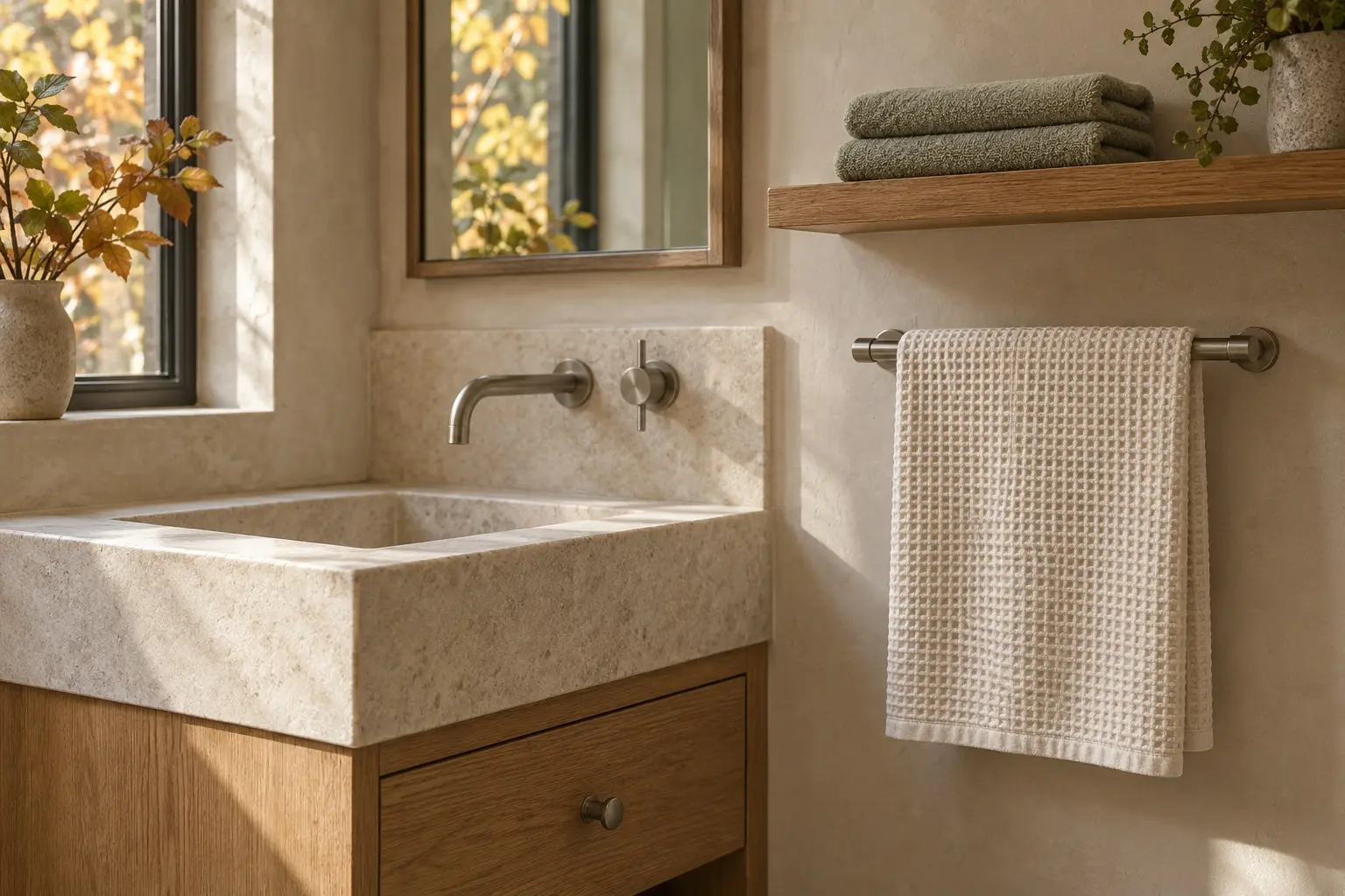 Ivory waffle hand towel beside a stone sink with folded sage towels on an oak shelf