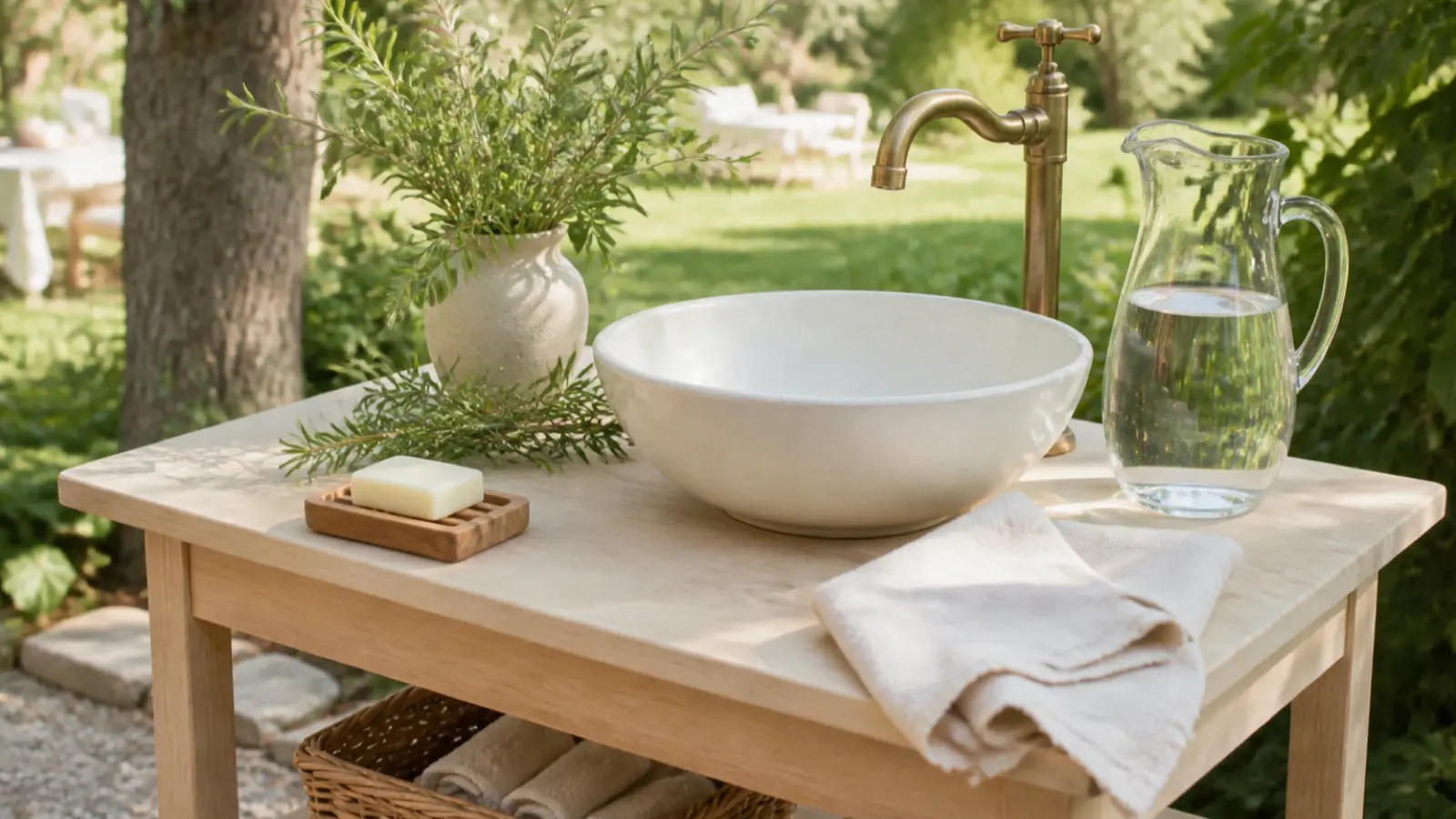 Outdoor handwashing station with ceramic basin, unbranded soap and linen towel
