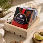 Plumera Man Soap Box with four dark and woodsy handmade bars, wooden soap dish, sisal soap saver, and wood box