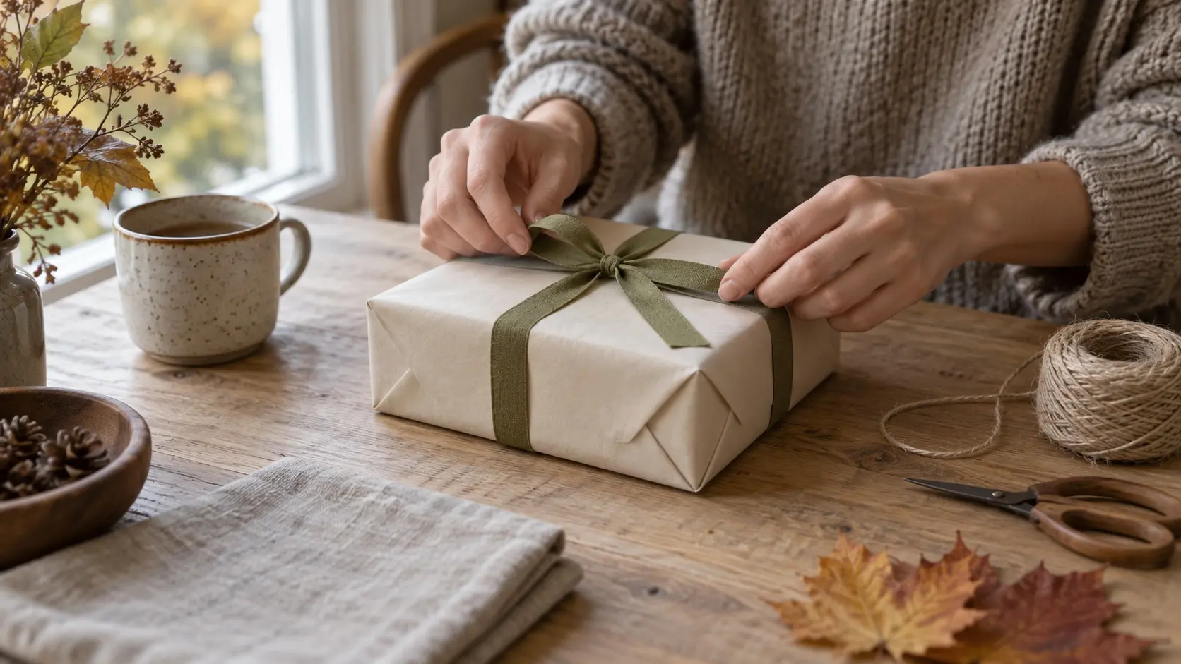 Hands tying olive ribbon around a plain paper gift parcel on an autumn wrapping table