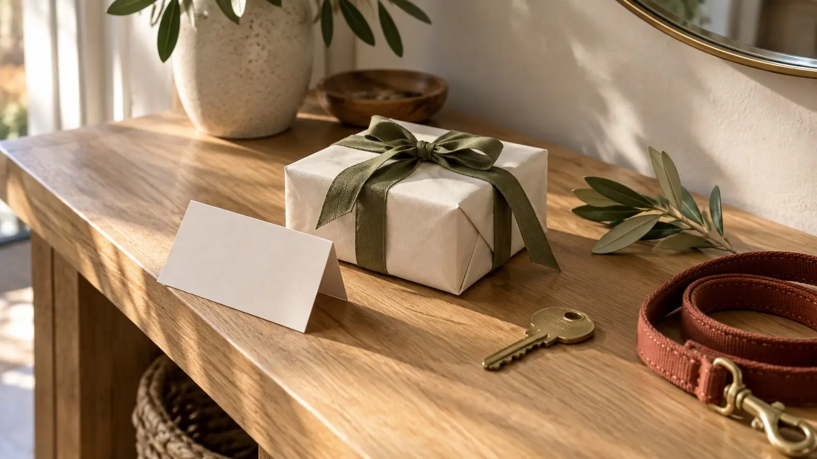 Cream gift parcel with olive ribbon, blank note card, house key, and rust-colored leash on an oak table