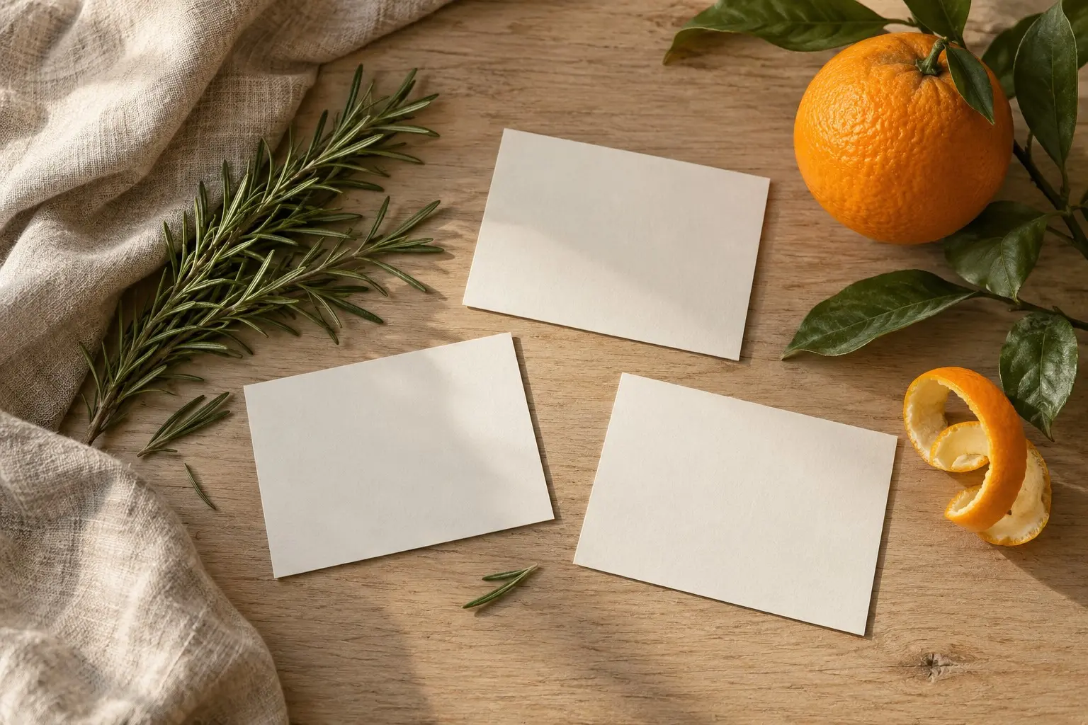 Blank ivory cards with rosemary, an orange, green leaves, and linen on a wooden table