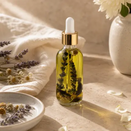 Pale golden botanical oil in a clear glass dropper bottle with dark flower stems