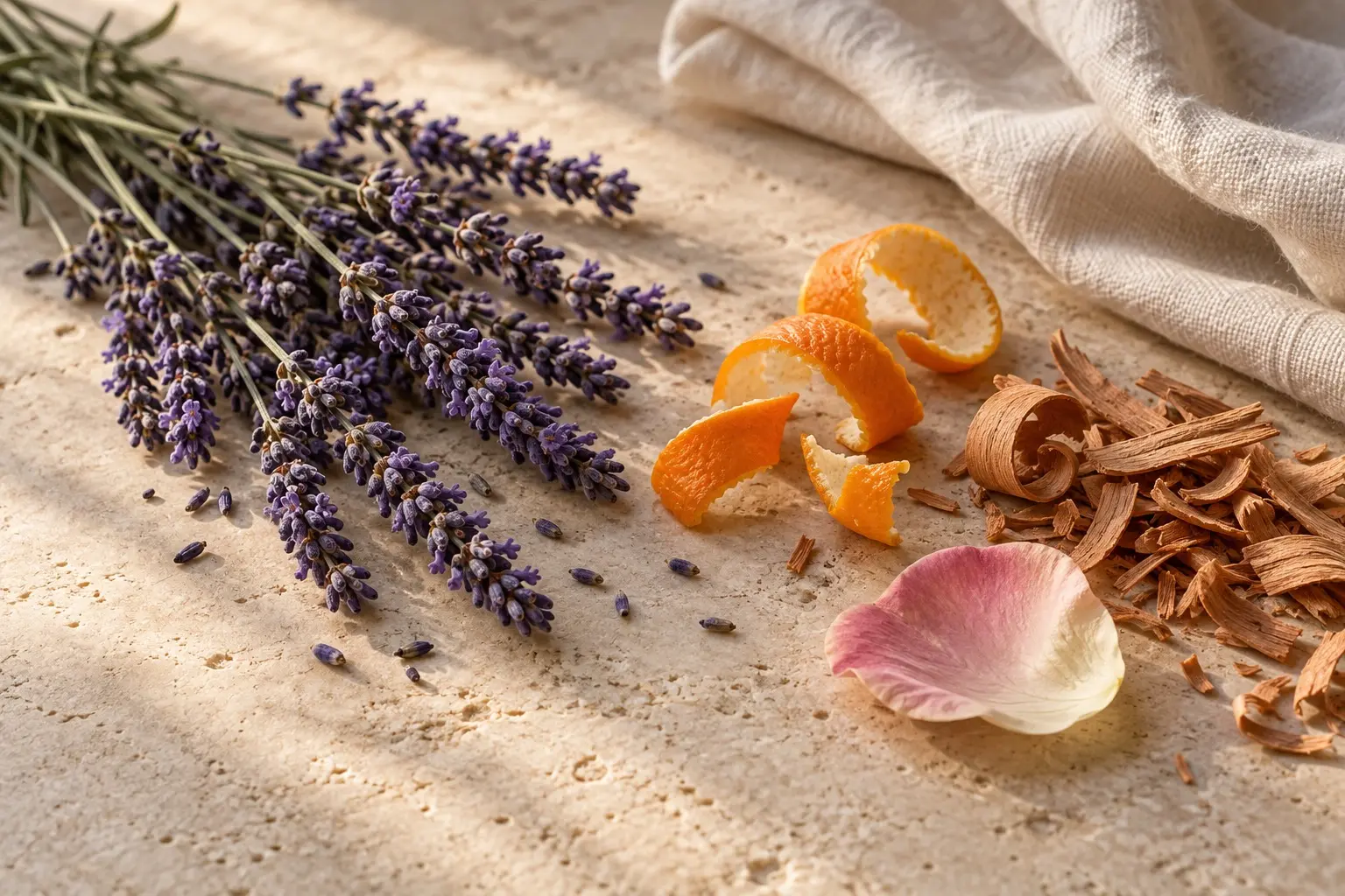 Lavender, orange peel, wood shavings, and a rose petal on pale stone beside ivory linen.