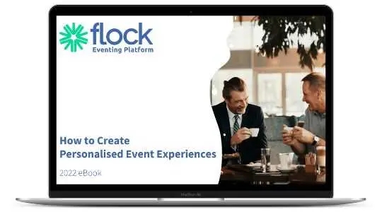 mocks-up of a Flock eBook titled How to Create Personalised Event Experiences