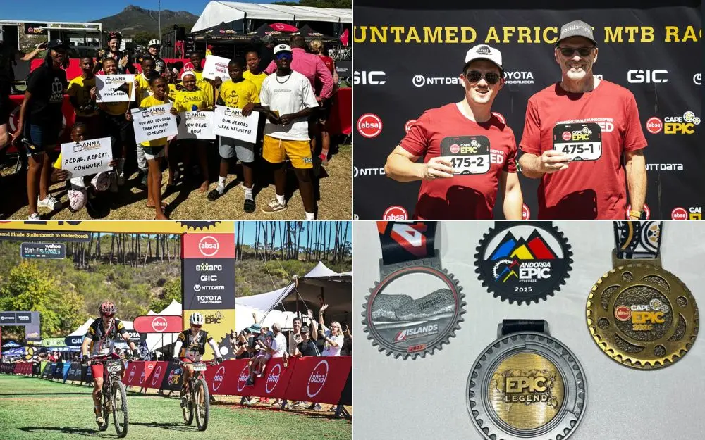 A four-part collage featuring: children from the Anna Foundation holding supportive signs, two cyclists holding their Cape Epic race numbers, riders crossing the finish line, and a collection of Cape Epic finisher medals including the Epic Legend medal
