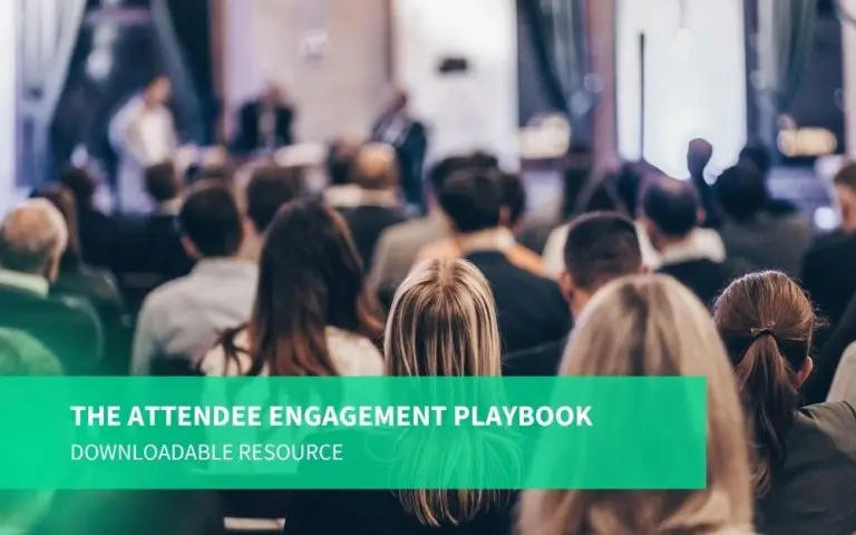 A crowded conference hall with attendees facing a stage, overlaid with a green banner reading 'The Attendee Engagement Playbook: Downloadable Resource'