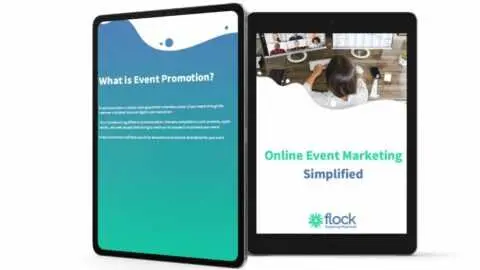 mock-up of a Flock eBook titled Online Event Marketing Simplified