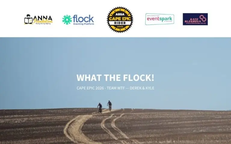 Two mountain bikers on a trail, overlaid with team text reading 'What The Flock! Cape Epic 2026'