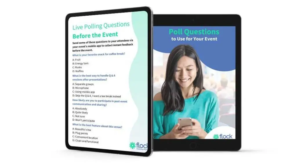 mocks-up of a Flock eBook titled Poll Questions to Use for Your Event