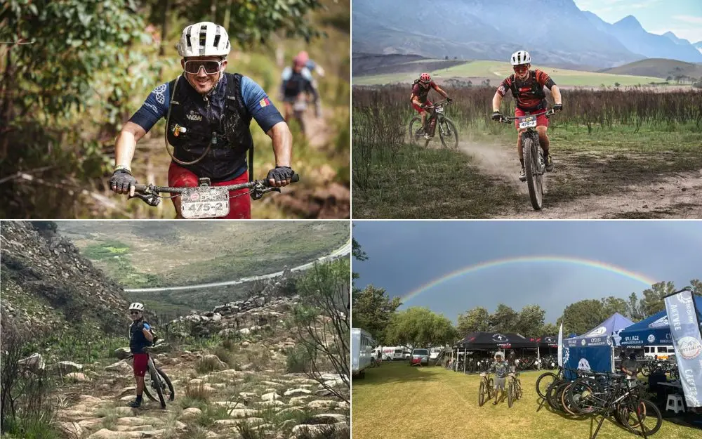 A collage of mountain biking at the Cape Epic: a close-up of a rider on a dusty trail, two cyclists riding through a mountain valley, a rider standing on a rocky ridge overlooking a road, and a view of the race village under a vibrant rainbow.