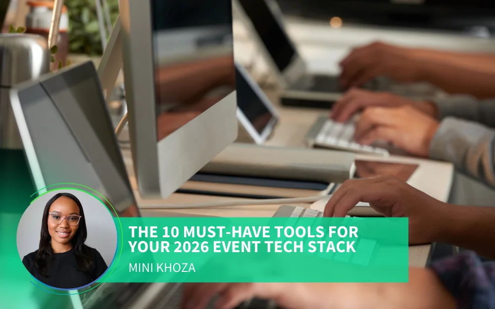 An image of computers with a banner reading "Top 10 Must-Have Tools for Your Event Stack"