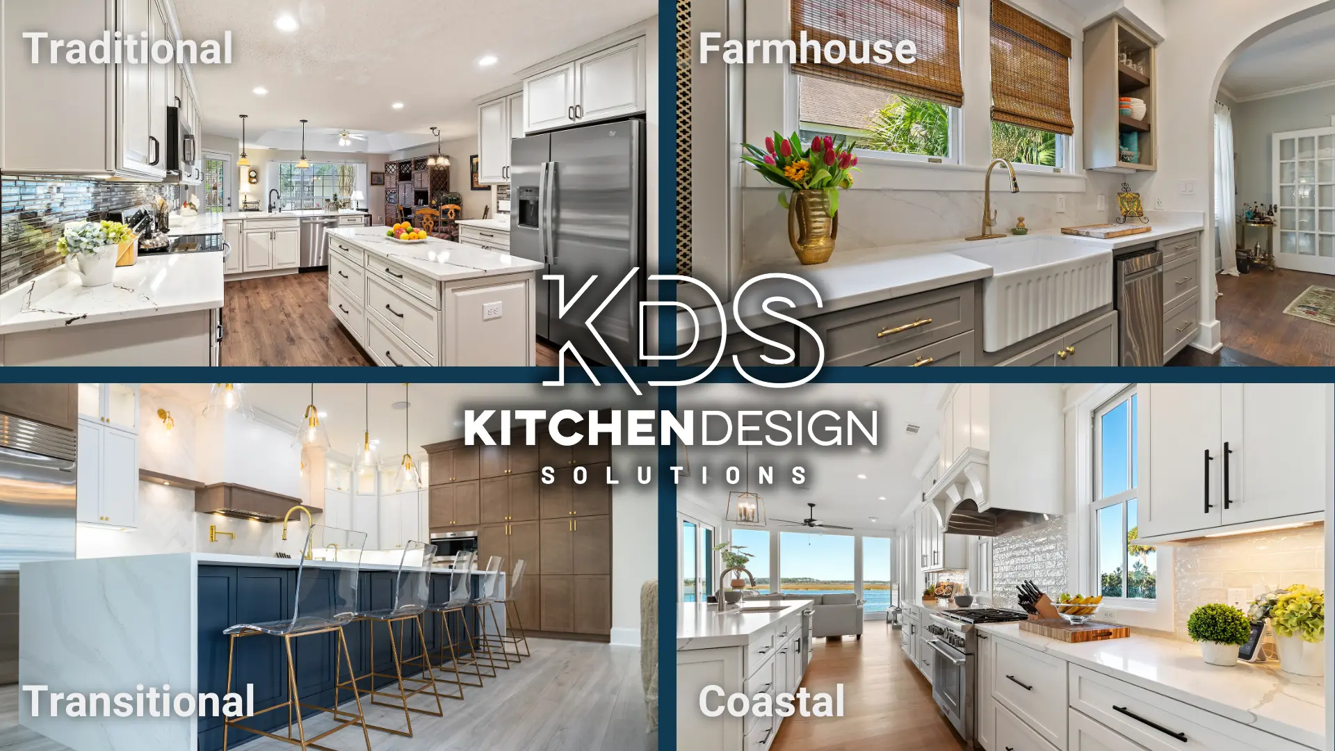 Grid of 4 Images with Traditional, Farmhouse, Transitional, and Coastal Kitchens