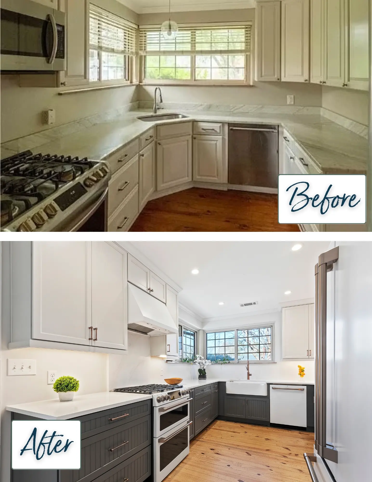 Before and after kitchen renovation photos with Mid-Century Modern design in Savannah, GA