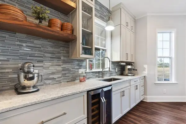 Custom kitchen coffee station and built in wine refrigerator