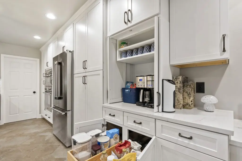 Kitchen-coffee-desk-pullout tray custom kitchen coffee station with pull outs
