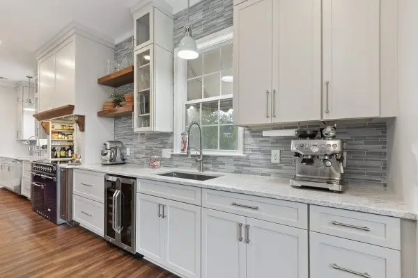 White custom kitchen remodel with coffee station