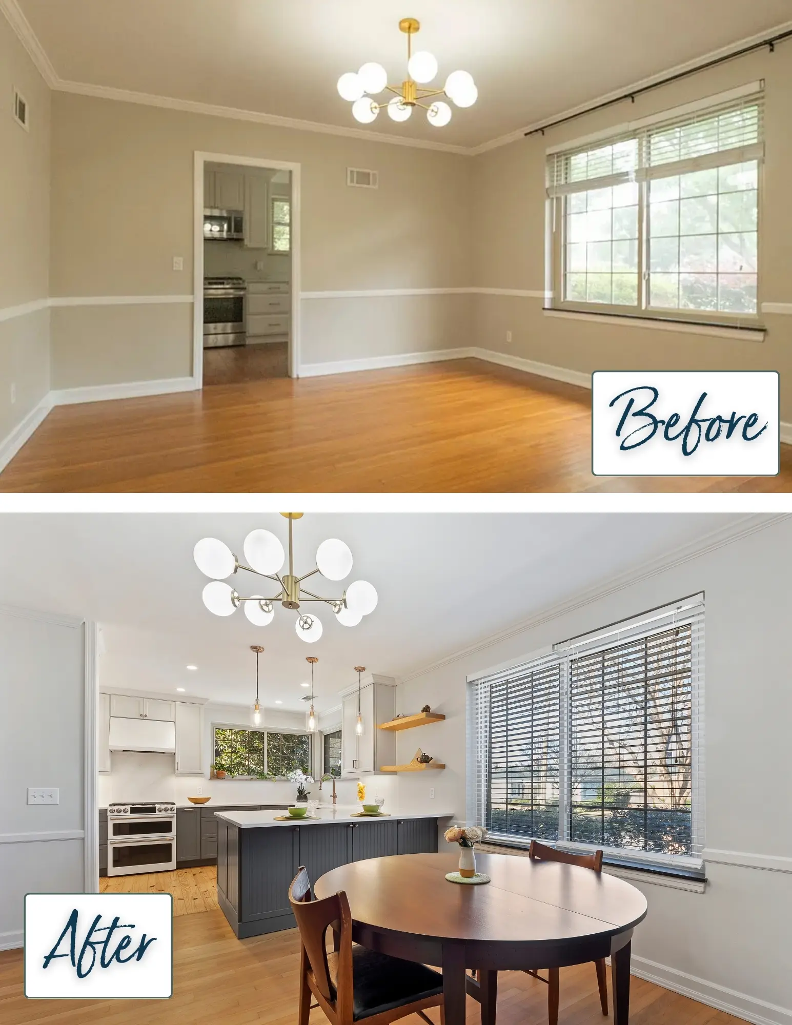 Before and after kitchen renovation photos with Mid-Century Modern design in Savannah, GA