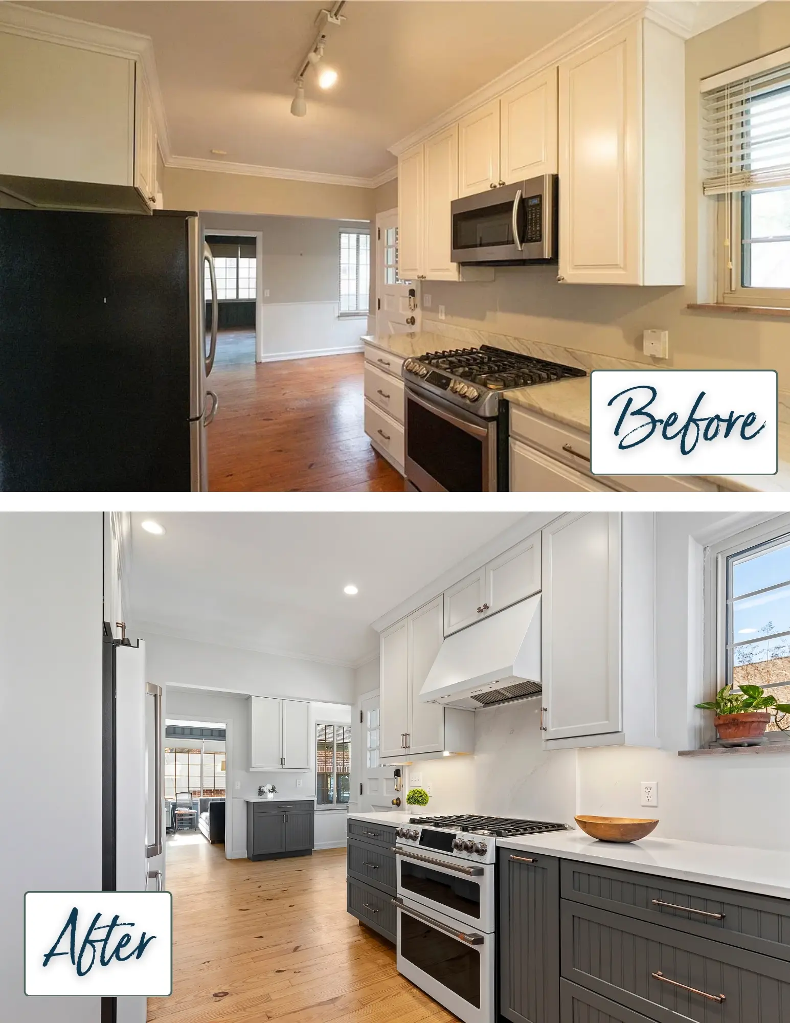 Before and after kitchen renovation photos with Mid-Century Modern design in Savannah, GA