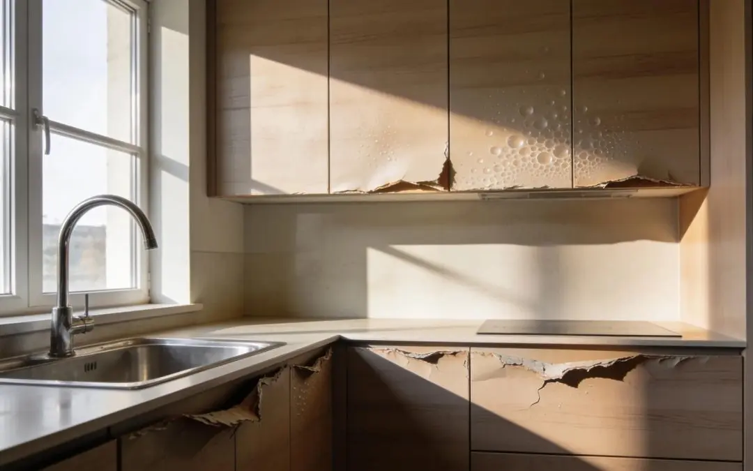 Modern kitchen cabinets showing signs of wear, including warped wood and bubbling surfaces, highlighting the need for replacement