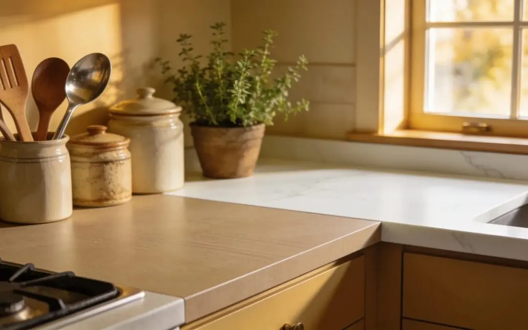 Modern kitchen showcasing laminate and solid surface countertops in Savannah