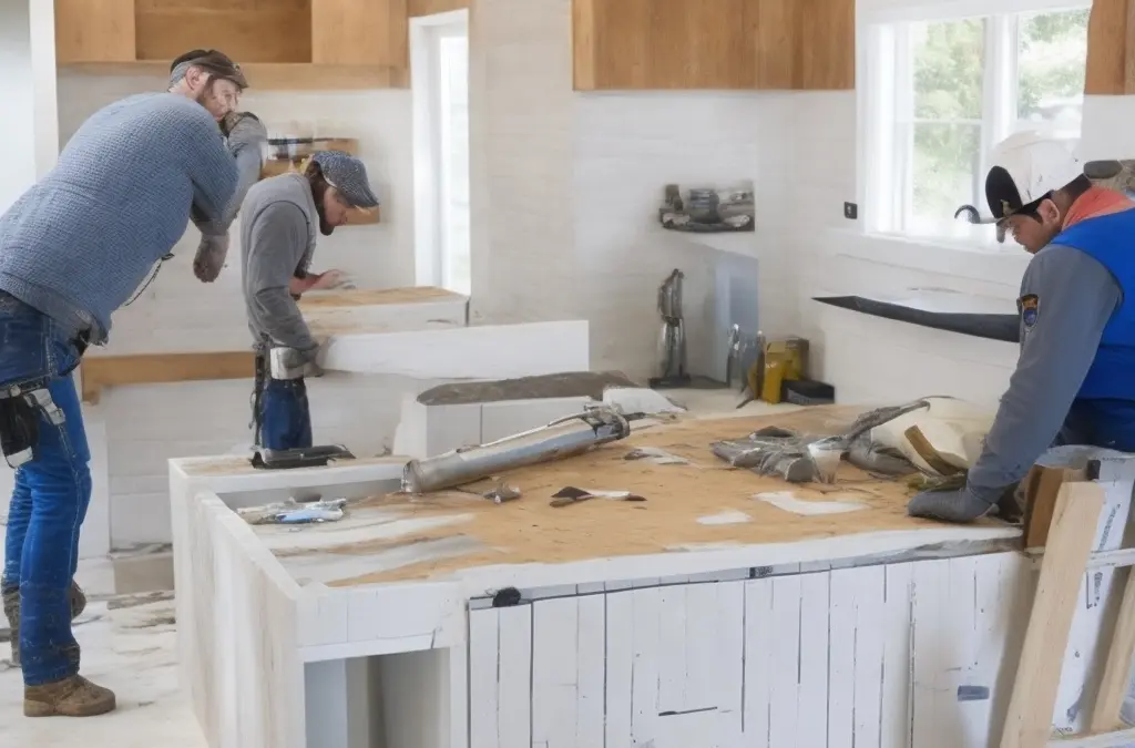 A kitchen with cabinets being installed by skilled labor