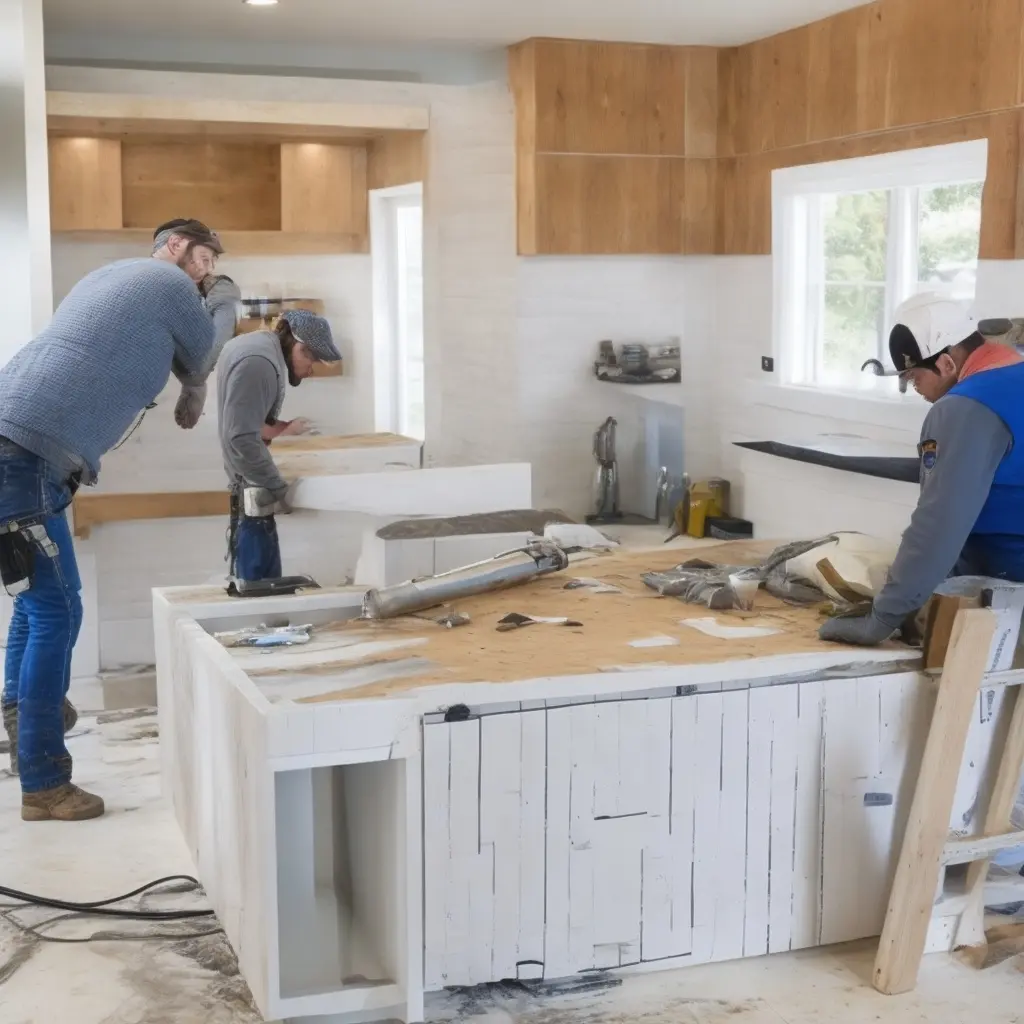 A kitchen with cabinets being installed by skilled labor