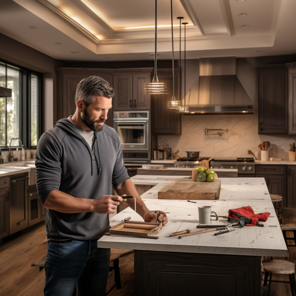In what order do I renovate a kitchen? Handyman looking at blueprints on a kitchen island.