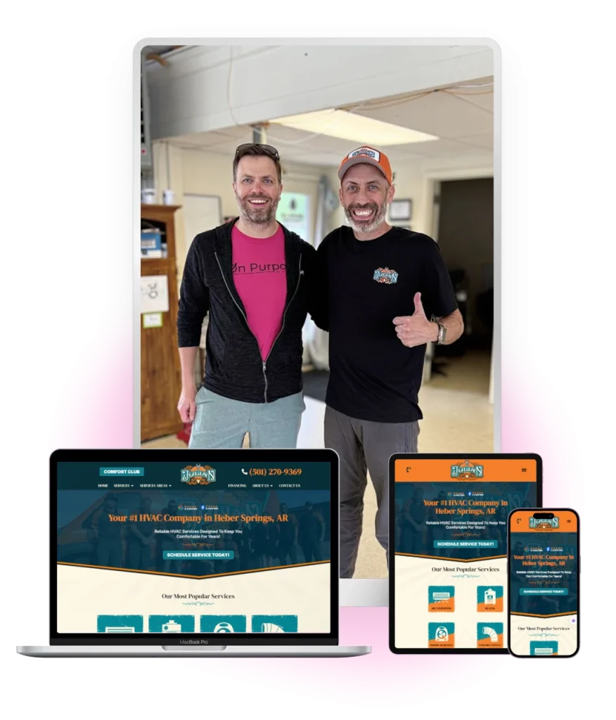Shipton's mobile, desktop, and tablet website with a photo of the owner and Thaddeus on the back