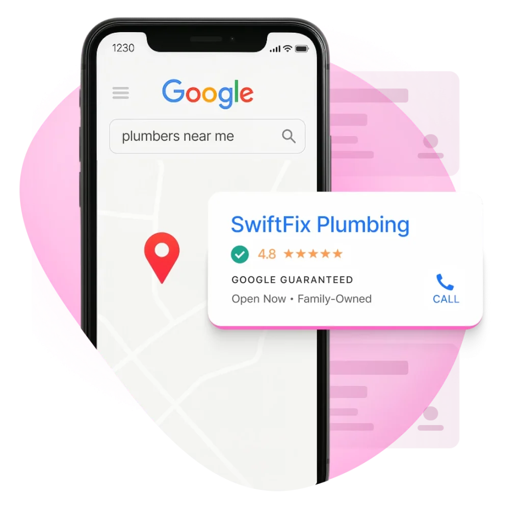 Smartphone displaying Google search for plumbers with a highlighted result for SwiftFix Plumbing.