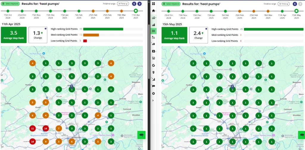 Two comparison grids showing heat pump map ranking data from April to May 2025 with color-coded ranking points.