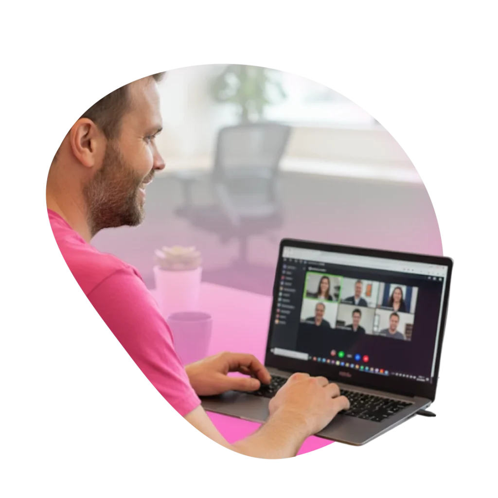 Thaddeus utilizing a laptop during an online meeting