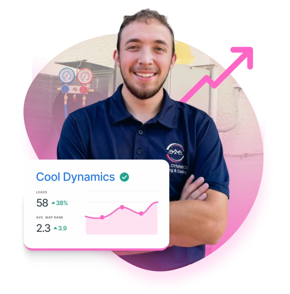 Smiling person in a navy shirt with crossed arms, standing next to HVAC gauges and growth chart overlay.