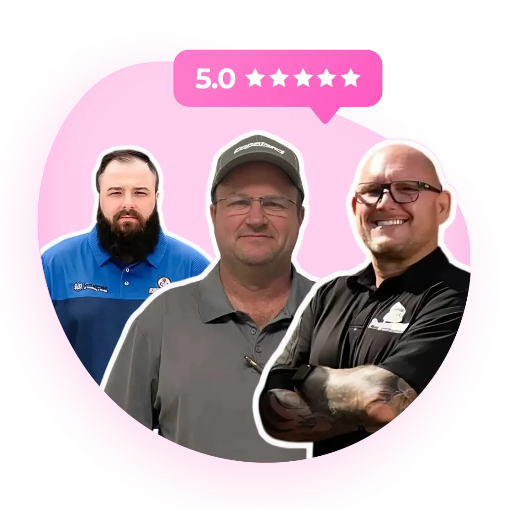 Three smiling men in casual and business attire, with a pink background featuring a 5-star rating above them.