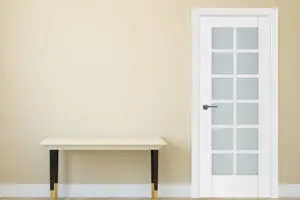 Nova French Triplex Series Interior Doors in soft white finish with frosted triplex glass panels, showcasing modern design and craftsmanship.