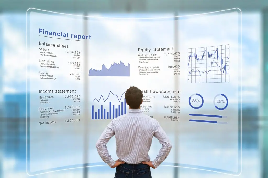 Virtual business accounting and financial reporting dashboard with key financial data.