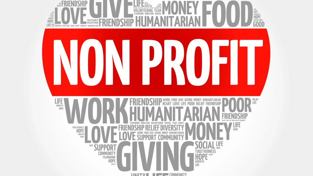 Non-profit organization word cloud with themes of giving, support, and humanitarian work.