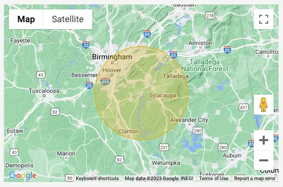 Google Map showing service area circle around Birmingham Alabama