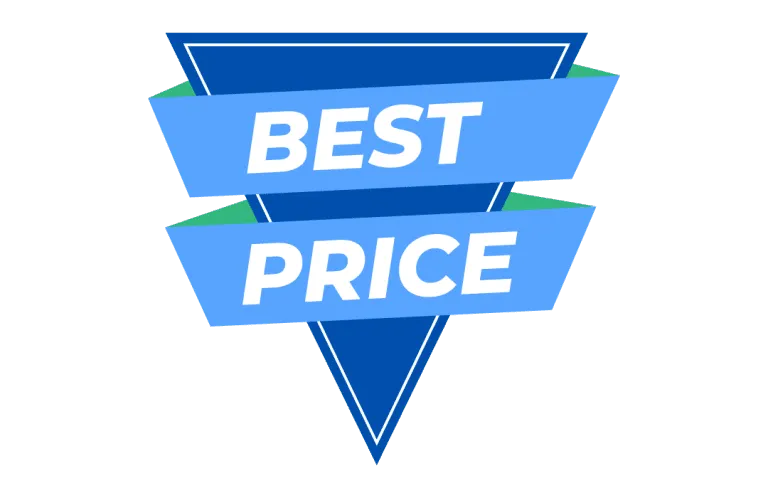 blue triangular badge with two light blue banners across it featuring the white text "BEST PRICE" on a transparent background