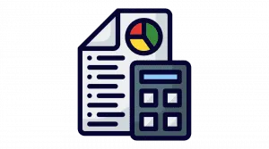 Professional plumbing estimate icon featuring a calculator and a financial report with a colorful pie chart